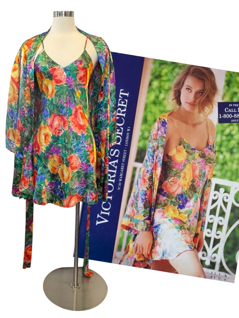90s Victoria’s Secret Iconic Silky Satin Floral Peignoir Vintage Slip Robe Set S